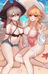 Rule 34 | 2girls, absurdly long hair, azur lane, backless swimsuit, bare shoulders, beach, bikini, bikini under clothes, black bikini, black headwear, blonde hair, blue shorts, blue sky, blush, bow, breasts, bridal garter, brown hair, cleavage, closed mouth, collarbone, covered navel, cross-laced bikini, cross-laced clothes, day, denim, denim shorts, earrings, eternity (shadeh), eyebrows, frills, front-tie bikini top, front-tie top, hair between eyes, halterneck, hat, hat bow, highleg, highleg bikini, highleg swimsuit, highres, jean bart (azur lane), jean bart (private apres midi) (azur lane), jewelry, large breasts, long hair, looking at viewer, micro shorts, multiple girls, navel, necklace, one-piece swimsuit, open fly, open mouth, outdoors, pink eyes, pink one-piece swimsuit, purple eyes, red bow, red eyes, richelieu (azur lane), richelieu (fleuron of the waves) (azur lane), sand, shell, short shorts, shorts, sitting, sky, smile, starfish, sun hat, swimsuit, thighs, v, very long hair, water
