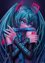Rule 34 | 1girl, absurdres, black sleeves, blue eyes, blue hair, blue nails, blue necktie, closed mouth, collared shirt, commentary, detached sleeves, earrings, grey shirt, hair between eyes, hair ornament, hatsune miku, head tilt, highres, holding, holding knife, jewelry, knife, long hair, long sleeves, looking at viewer, nail polish, necktie, number tattoo, pavo543, shirt, shoulder tattoo, signature, sleeveless, sleeveless shirt, solo, tattoo, transparent weapon, upper body, very long hair, vocaloid, wing collar