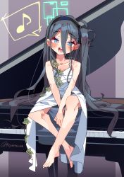 Rule 34 | 1girl, absurdly long hair, alternate costume, aris (blue archive), barefoot, between legs, black hair, blue archive, blue eyes, blush, dress, grand piano, hairband, halo, hand between legs, highres, instrument, koyansuee, crossed legs, long hair, music, musical note, own hands together, piano, plant, singing, sitting on piano, solo, spoken musical note, twitter username, very long hair, white dress
