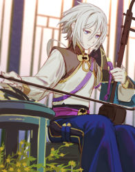Rule 34 | 1boy, bad id, bad pixiv id, bishounen, blue eyes, chinese clothes, csyday, erhu, fate/grand order, fate (series), grey hair, hair between eyes, highres, instrument, male focus, music, no mask, playing instrument, prince of lan ling (fate), short hair, sitting, solo