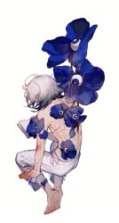 Rule 34 | 1boy, absurdres, ahoge, arm support, barefoot, bleeding, blood, blue eyes, blue flower, book, bruise, chayixiaxian, colored tips, eyeball, facing away, facing down, flower, from behind, full body, grey hair, highres, holding, holding book, injury, invisible chair, male focus, multicolored hair, multiple scars, open book, original, overgrown, procreate (medium), reading, scar, scar on arm, scar on back, scar on leg, short hair, simple background, sitting, soles, solo, surreal, topless male, white background, white hair