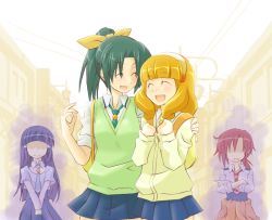 Rule 34 | 10s, 4girls, :d, ^ ^, aoki reika, aura, blonde hair, blue hair, cardigan, closed eyes, clothes around waist, green hair, green necktie, green sweater vest, hairband, hand on another&#039;s shoulder, hino akane (smile precure!), jealous, kise yayoi, long hair, midorikawa nao, multiple girls, necktie, no eyes, open mouth, oteruko (wanabeee), ponytail, precure, red hair, school uniform, short hair, sleeves rolled up, smile, smile precure!, sweater, sweater around waist, sweater vest, white hairband, yandere