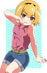Rule 34 | 1girl, :d, absurdres, arm at side, bare arms, bare shoulders, belt, black hairband, blonde hair, blue background, blue shorts, blush, border, breasts, collared shirt, commentary request, fang, feet out of frame, hairband, hand up, highres, higurashi no naku koro ni, houjou satoko, looking at viewer, mashimaro tabetai, nail polish, open mouth, outside border, pink nails, pink shirt, polka dot, polka dot background, purple eyes, shirt, short hair, shorts, skin fang, sleeveless, sleeveless shirt, small breasts, smile, solo, white border