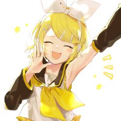 Rule 34 | 1girl, :3, arm up, armpits, ascot, backlighting, bare shoulders, blonde hair, blue eyes, blush, bow, collarbone, detached sleeves, closed eyes, fang, hair bow, hair ornament, hairclip, happy, headphones, headset, highres, kagamine rin, open mouth, oyamada gamata, sailor collar, shirt, sleeveless, sleeveless shirt, smile, solo, treble clef, vocaloid, white bow, yellow ascot