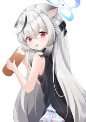 1girl animal_ear_fluff animal_ears armpits black_hair blue_archive blue_halo breasts cake commentary cream dress food grey_hair hair_between_eyes halo highres holding holding_food kokona_(blue_archive) long_hair looking_at_viewer multicolored_hair red_eyes sideboob solo streaked_hair swiss_roll tongue tongue_out umou_(may65879) very_long_hair white_background