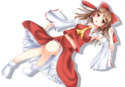 Rule 34 | 1girl, ascot, blush, brown hair, detached sleeves, frilled skirt, frills, hair ornament, hair ribbon, hair tubes, hakurei reimu, hime mia, long hair, long sleeves, looking at viewer, lying, midriff, midriff peek, navel, on back, open mouth, outstretched arm, red eyes, ribbon, shirt, simple background, skirt, skirt set, socks, solo, touhou, traditional clothes, upskirt, vest, white background, white socks, wide sleeves