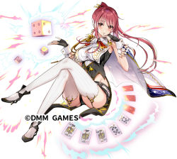 Rule 34 | 1girl, black footwear, black gloves, black shorts, breasts, brown eyes, cape, card, cleavage, company name, crossed legs, dice, fingerless gloves, full body, garter straps, gloves, hair ornament, hair stick, hands up, hayakawa akari, long hair, looking at viewer, official art, pink hair, playing card, sennen sensou aigis, shorts, sidelocks, sitting, solo, thighhighs, white background, white thighhighs, wrist cuffs