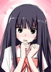 Rule 34 | 1girl, akata itsuki, black eyes, black hair, blush, bow, character name, clenched hands, crying, crying with eyes open, female focus, hands up, kimi ni todoke, kuronuma sawako, long hair, looking at viewer, open mouth, portrait, school uniform, simple background, solo, tears, upper body