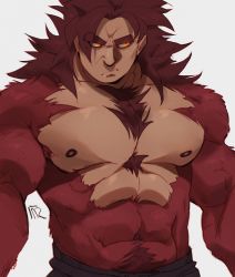 Rule 34 | 1boy, abs, absurdres, bara, body fur, chest hair, dragon ball, dragon ball gt, highres, large pectorals, long hair, male focus, mature male, muscular, muscular male, navel, navel hair, nipples, aged up, pectorals, red fur, red hair, ross (doodlrenzo), solo, son goku, spiked hair, stomach, super saiyan, super saiyan 4, thick eyebrows, topless male, yellow eyes
