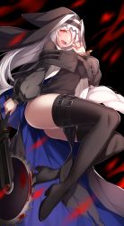 Rule 34 | 1girl, absurdres, arknights, ass, belt, belt buckle, black belt, black capelet, black coat, black footwear, black headwear, black thighhighs, blood, boots, breasts, buckle, capelet, circular saw, coat, commentary request, eyebrows hidden by hair, full body, grey hair, habit, hair between eyes, hand up, highres, holding, holding weapon, jewelry, long hair, long sleeves, looking at viewer, medium breasts, necklace, open clothes, open coat, pelvic curtain, red eyes, saw, sidelocks, smile, solo, specter (arknights), thigh boots, thigh strap, thighhighs, thighs, weapon, zijiang
