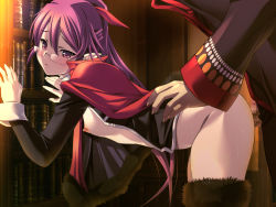 Rule 34 | 1boy, 1girl, against bookshelf, bent over, black jacket, blush, book, bookshelf, bow, breasts, breasts out, brown thighhighs, cape, caym, censored, clothed sex, covered erect nipples, demonion ii: maou to sannin no joou, doggystyle, elf, eyebrows, fingernails, flat chest, from side, fur, fur cape, fur trim, game cg, glasses, grabbing, grabbing from behind, hair bow, hands on own hips, hanging breasts, hetero, indoors, jacket, leaning forward, library, long hair, long sleeves, looking at viewer, m&amp;m, mosaic censoring, no bra, no panties, non-web source, open clothes, open jacket, open mouth, penis, pointy ears, ponytail, purple eyes, purple hair, red cape, risbell, sex, sex from behind, solo focus, sweat, thighhighs, torso grab, vaginal