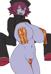 Rule 34 | 1girl, blue skin, bottomless, breasts, chinese clothes, colored skin, hat, highres, houtengeki, huge breasts, jiangshi, looking at viewer, maebari, ofuda, ofuda on nipples, ofuda on pussy, original, pasties, purple hair, qingdai guanmao, short hair, simple background, sleeves past fingers, sleeves past wrists, solo, white background, yellow eyes