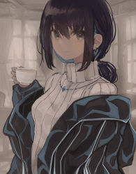 Rule 34 | 1girl, black hair, black jacket, blue hair, blush, brown eyes, closed mouth, commentary request, cup, curtains, earrings, hair between eyes, hand up, highres, hinomaru (futagun), holding, holding cup, indoors, jacket, jewelry, long hair, long sleeves, looking at viewer, low ponytail, multicolored hair, off shoulder, open clothes, open jacket, original, ponytail, ribbed sweater, sleeves past wrists, smile, solo, sweater, turtleneck, turtleneck sweater, two-tone hair, white sweater, window