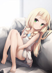 Rule 34 | 1girl, barefoot, blonde hair, blunt bangs, blush, braid, closed mouth, couch, creatures (company), dress, game freak, green eyes, hair spread out, hands on own thighs, knees up, lillie (pokemon), long hair, looking at viewer, nintendo, on couch, oren (770len), plantar flexion, pokemon, pokemon sm, sitting, sleeveless, sleeveless dress, sundress, twin braids, white dress
