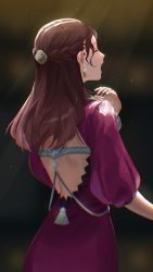 Rule 34 | 1girl, absurdres, backless dress, backless outfit, braid, brown hair, closed eyes, dorothea arnault, dress, e5nf8v, earrings, fire emblem, fire emblem: three houses, french braid, from behind, gem, green gemstone, highres, jewelry, long hair, music, nintendo, open mouth, red dress, singing, solo, sparkle, sunlight