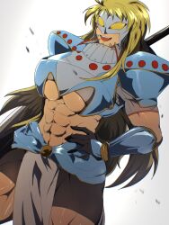 Rule 34 | 1girl, abs, armor, bike shorts, blonde hair, breasts, clothing cutout, commentary request, cowboy shot, dutch angle, genderswap, genderswap (mtf), hand on own hip, highres, huge breasts, imo moka, jean steamboard, kinnikuman, long hair, mask, muscular, muscular female, open mouth, pelvic curtain, shoulder armor, smile, solo, underboob, underboob cutout, vambraces