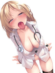 Rule 34 | 1girl, black thighhighs, blonde hair, blue eyes, breasts, cleavage, hair ornament, highres, hololive, hololive english, kana616, large breasts, long sleeves, no bra, no panties, open mouth, saliva, shirt, simple background, sitting, solo, stethoscope, thighhighs, thighs, tongue, tongue out, virtual youtuber, watson amelia, white background, white shirt