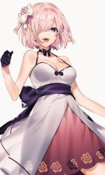 Rule 34 | 1girl, :d, absurdres, bare shoulders, blush, breasts, choker, cleavage, collarbone, dress, fate/grand order, fate (series), floral print, gloves, hair ornament, hair over one eye, highres, large breasts, light purple hair, looking at viewer, mash kyrielight, mash kyrielight (fgo x takarazuka kinen), official alternate costume, open mouth, purple eyes, purple gloves, purple skirt, sash, short hair, simple background, sino42, skirt, smile, teeth, upper teeth only, white background, white dress
