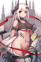 Rule 34 | 1girl, absurdres, arknights, armband, black collar, blush, breasts, chinese commentary, collar, collarbone, commentary request, cowboy shot, crop top, earrings, groin, hammer, highres, horns, jean.organ, jewelry, large breasts, long hair, looking at viewer, material growth, mudrock (arknights), navel, oripathy lesion (arknights), parted lips, partial commentary, pointy ears, red eyes, silver hair, solo, sports bra, standing, stomach, thighs, underboob