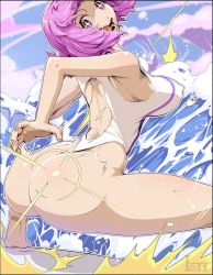 Rule 34 | 10s, 1girl, ass, bare shoulders, bouncing breasts, breasts, competition swimsuit, day, covered erect nipples, from behind, kawai hanabi, keijo!!!!!!!!, large breasts, light rays, looking at viewer, looking back, materclaws, one-piece swimsuit, open mouth, outdoors, purple eyes, purple hair, sky, smile, solo, sunbeam, sunlight, swimsuit, symbol-shaped pupils, water, waves