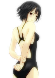 Rule 34 | 1girl, amagami, back, black hair, brown eyes, competition swimsuit, looking back, nanasaki ai, one-piece swimsuit, rikkukku, short hair, simple background, solo, swimsuit