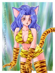 Rule 34 | 1990s (style), 1998, 1girl, akira m, animal ears, animal print, blue hair, blush, breasts, cat ears, cat girl, cat tail, chinese zodiac, cleavage, collarbone, cowboy shot, dated, fangs, gloves, green background, happy new year, january, large breasts, long hair, midriff, navel, new year, open mouth, orange gloves, orange thighhighs, print gloves, print shirt, print skirt, print thighhighs, red eyes, retro artstyle, shirt, skirt, sleeveless, sleeveless shirt, smile, solo, standing, tail, teeth, thighhighs, tiger print, tiger tail, year of the tiger, yellow shirt, yellow skirt