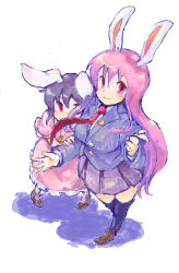 Rule 34 | 2girls, animal ears, black hair, blush, carrot necklace, female focus, hiding, inaba tewi, long hair, long sleeves, looking at viewer, multiple girls, necklace, pink hair, pleated skirt, puffy short sleeves, puffy sleeves, purple skirt, rabbit ears, red eyes, reisen udongein inaba, rotan, short sleeves, skirt, standing, thighhighs, touhou, very long hair, zettai ryouiki