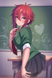 Rule 34 | 1girl, aizawa tomo, arm at side, bike shorts, black shorts, black skirt, blazer, blush, breasts, chalkboard, classroom, closed mouth, cowboy shot, desk, drawing, eyebrows, eyebrows hidden by hair, eyelashes, fang, feet out of frame, female focus, from side, green blazer, hair between eyes, hand up, highres, indoors, jacket, kazukoto, large breasts, looking at viewer, looking to the side, matching hair/eyes, medium hair, necktie, necktie grab, neckwear grab, profile, red eyes, red hair, red necktie, school uniform, shirt, short sleeves, shorts, shorts under skirt, skirt, solo, standing, striped necktie, tomboy, tomo-chan wa onna no ko, white shirt