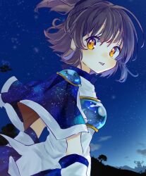 Rule 34 | 1girl, arle nadja, armor, blue capelet, blue skirt, blush, breastplate, brown hair, capelet, looking at viewer, looking to the side, madou monogatari, nakotorinko, night, night sky, outdoors, ponytail, print capelet, puyopuyo, skirt, sky, solo, star (sky), starry sky, starry sky print, yellow eyes
