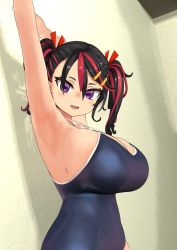 Rule 34 | 1girl, ariduka formica, armpits, breasts, large breasts, multicolored hair, purple eyes, school swimsuit, swimsuit, virtual ant channel, virtual youtuber