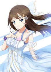 Rule 34 | 1girl, amagi (volfuji), anata no risou no heroine, aqua bow, arm garter, arm ribbon, blue eyes, blush, bow, bracelet, breasts, brown hair, cleavage, closed mouth, collarbone, corsage, cross-laced clothes, cross-laced dress, dress, drop earrings, earrings, female focus, floating hair, flower, flower bracelet, flower earrings, frilled dress, frilled straps, frills, hair between eyes, hair bobbles, hair bow, hair ornament, hairclip, half updo, halter dress, halterneck, hand on chest, hand on own chest, high ponytail, highres, jewelry, long hair, looking at viewer, love live!, love live! nijigasaki high school idol club, love live! school idol festival, medium breasts, necklace, osaka shizuku, parted lips, pearl bracelet, pearl necklace, pink flower, pleated dress, ponytail, puffy short sleeves, puffy sleeves, purple flower, purple rose, ribbon, rose, see-through, see-through dress, shell hair ornament, short sleeves, skirt, smile, solo, star (symbol), star hair ornament, striped background, striped clothes, striped skirt, vertical-striped clothes, vertical-striped skirt, white background, white bow, white dress, white skirt, wrist flower