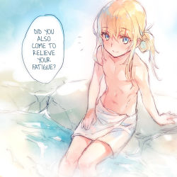 Rule 34 | 1boy, blonde hair, blue eyes, blush, chevalier d&#039;eon (fate), fate/grand order, fate (series), hard-translated, long hair, looking at viewer, male focus, naked towel, navel, onsen, ponytail, simple background, smile, solo, third-party edit, toned, toned male, towel, translated, trap, wanko (takohati8)