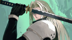 Rule 34 | 1boy, aqua eyes, armor, black gloves, black jacket, final fantasy, final fantasy vii, gloves, green background, holding, holding weapon, jacket, long hair, masamune (ff7), newb ff7r, parted bangs, sephiroth, shoulder armor, silver hair, solo, square enix, straight hair, weapon