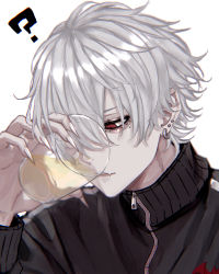 1boy ? absurdres banechiii cup drinking ear_piercing earrings eyelashes fang fingernails grey_hair hair_over_one_eye highres holding holding_cup jewelry kuzuha_(nijisanji) long_fingernails male_focus mole mole_under_eye nail_polish nijisanji parted_lips piercing pointy_ears red_eyes sharp_fingernails simple_background skin_fang solo transparent upper_body very_long_fingernails virtual_youtuber white_background white_nails zipper zipper_pull_tab