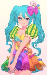 Rule 34 | 1girl, absurdres, blue eyes, blue hair, blush, bow, candy, closed mouth, colorful, cowboy shot, eriko (nakaeri gogo), food, grey background, hair bow, hair ornament, hatsune miku, highres, interlocked fingers, lollipop, long hair, looking at viewer, multicolored clothes, multicolored skirt, own hands together, puffy short sleeves, puffy sleeves, short sleeves, simple background, skirt, smile, solo, standing, twintails, v arms, vocaloid