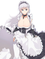 Rule 34 | 1girl, 2l (2lsize), apron, azur lane, bad id, bad pixiv id, belfast (azur lane), blue eyes, blurry, braid, breasts, cleavage, closed mouth, crown braid, depth of field, dress, frilled dress, frills, highres, huge breasts, long hair, looking at viewer, maid, maid headdress, silver hair, simple background, solo, standing, thighhighs, tsurime, waist apron, white background, white thighhighs