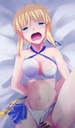 Rule 34 | 1girl, ahoge, arms behind back, artoria pendragon (all), artoria pendragon (fate), artoria pendragon (swimsuit archer) (first ascension) (fate), bar censor, bdsm, bikini, blush, bondage, bound, breasts, censored, chain, cleavage, clothing aside, fate/stay night, fate (series), groin, highres, leg lift, lying, medium breasts, navel, on back, open mouth, out of frame, penis, pikoguramyu, pussy, restrained, saber (fate), sex, short hair, solo focus, sweat, swimsuit, swimsuit aside, tears, vaginal, white bikini