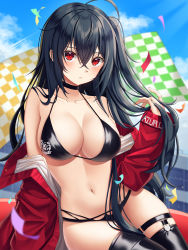Rule 34 | 1girl, ahoge, arm support, azur lane, black choker, black hair, black thighhighs, blue sky, blush, breasts, checkered flag, choker, cleavage, closed mouth, confetti, day, flag, hair between eyes, highres, jacket, large breasts, leaning to the side, long hair, long sleeves, navel, nowsicaa, off shoulder, official alternate costume, one side up, open clothes, open jacket, outdoors, race queen, red eyes, red jacket, sitting, skindentation, sky, solo, stomach, taihou (azur lane), taihou (enraptured companion) (azur lane), thigh strap, thighhighs, very long hair