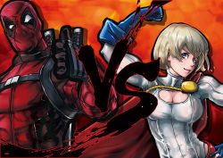 Rule 34 | 1boy, 1girl, blonde hair, blue eyes, breasts, cape, cleavage, dc comics, deadpool, deadpool (series), gloves, grin, hand on own hip, looking at viewer, marvel, mask, power girl, smile, sonparesu, sword, thumbs up, vs, weapon