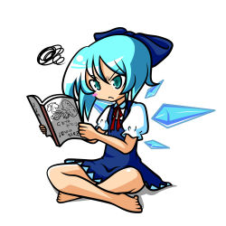 Rule 34 | 1girl, :&lt;, angry, bad id, bad pixiv id, barefoot, blue eyes, blue hair, blush stickers, bow, cirno, fume, hair bow, indian style, matching hair/eyes, ranchuu, ranchuu (akamusume), short hair, sitting, solo, squiggle, embodiment of scarlet devil, touhou, translated, wings