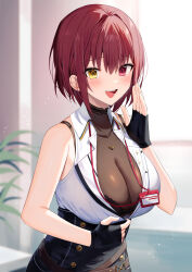 Rule 34 | 1girl, bare arms, bare shoulders, belt, black bra, black gloves, bodystocking, bra, bra strap, breasts, cleavage, collared shirt, fingerless gloves, gloves, hand up, heterochromia, highres, hololive, houshou marine, houshou marine (businesswoman), id card, jewelry, large breasts, looking at viewer, necklace, open mouth, red eyes, red hair, see-through, see-through cleavage, shirt, short hair, sleeveless, sleeveless shirt, smile, solo, underbust, underwear, upper body, virtual youtuber, white shirt, wing collar, yellow eyes, yon (letter)
