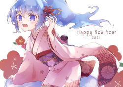 Rule 34 | 1girl, 2021, 7aka ne11, :d, arm support, blue eyes, blue hair, blush, bow, commentary, floral background, floral print, flower, flower request, furisode, hair flower, hair ornament, hair up, hand up, happy new year, in container, japanese clothes, jar, kimono, liquid hair, long hair, looking at viewer, merc (merc storia), merc storia, mini person, minigirl, monster girl, nengajou, new year, obi, open mouth, pink kimono, ponytail, print kimono, round teeth, sash, simple background, slime girl, smile, solo, teeth, upper body, upper teeth only, waist bow, white background
