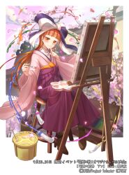 Rule 34 | 1girl, anne (wixoss), architecture, art brush, blunt bangs, blush, boots, border, bow, briefcase, brown footwear, bucket, canvas (object), cherry blossoms, closed mouth, colored pencil, copyright notice, dress shirt, easel, east asian architecture, falling petals, finger to mouth, frilled shirt collar, frills, full body, hair bow, hakama, high heel boots, high heels, holding, holding paintbrush, huge bow, index finger raised, japanese clothes, kimono, knees together feet apart, looking at viewer, official art, orange eyes, orange hair, ori simo, outside border, paint splatter, paint tube, paintbrush, painting (action), palette (object), pencil, petals, pink kimono, purple bow, purple hakama, shirt, sitting, smile, solo, stool, tree, two-tone bow, white border, white bow, white shirt, wide sleeves, wixoss