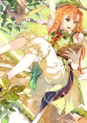 Rule 34 | 119, 1girl, bird, bird nest, braid, dress, female focus, green dress, hanging from tree, highres, hong meiling, long hair, open mouth, pants, pants under dress, puffy sleeves, red eyes, red hair, shirt, short sleeves, smile, solo, touhou, tree, twin braids