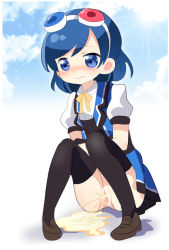 Rule 34 | 1girl, black thighhighs, blue dress, blue eyes, blue hair, blush, bow, bowtie, brown footwear, cloud, dress, goggles, goggles on head, no panties, peeing, puddle, pussy, shirt, shoes, short hair, short sleeves, sky, sleeveless, sleeveless dress, squatting, sun, thighhighs, uncensored, white shirt, yellow neckwear