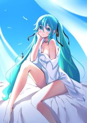 Rule 34 | 1girl, bed sheet, between legs, bird, black ribbon, blue eyes, blue hair, blue sky, blurry, blurry background, blush, breasts, cleavage, closed mouth, curtains, hair between eyes, hair ribbon, hand between legs, hatsune miku, head rest, highres, long hair, looking at viewer, mikoto (mio), naked shirt, off shoulder, ribbon, shirt, sitting, sky, small breasts, smile, solo, twintails, very long hair, vocaloid, white shirt