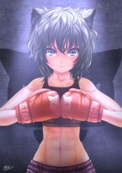 Rule 34 | &gt;:), 1girl, abs, animal ears, bare arms, bare shoulders, black hair, blue eyes, blush, boxing gloves, cat ears, cat girl, closed mouth, clothes writing, collarbone, commentary request, crop top, hair between eyes, kein hasegawa, looking at viewer, navel, original, signature, sleeveless, smile, solo, spotlight, spotliht, stomach, toned, upper body, v-shaped eyebrows