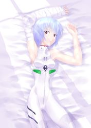 Rule 34 | 1girl, armpits, ayanami rei, bad id, bad pixiv id, bandages, bed, blue hair, breasts, chi (pixiv2035), chikuyama, looking at viewer, lying, neon genesis evangelion, plugsuit, red eyes, short hair, skinny, slender, small breasts, solo