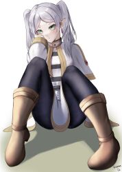 Rule 34 | 1girl, belt, black belt, black pantyhose, blush, boots, brown footwear, capelet, commentary request, dress, drop earrings, drop shadow, earrings, frieren, green eyes, grey hair, highres, jewelry, long hair, long sleeves, looking at viewer, pantyhose, parted bangs, pointy ears, shirt, solo, sousou no frieren, striped clothes, striped shirt, twintails, void/uro, white background, white capelet, white dress