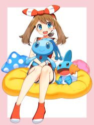 Rule 34 | 1girl, :d, absurdres, bare arms, bike shorts, black shorts, blue eyes, blush, border, bow, bow hairband, brown hair, creatures (company), game freak, gen 3 pokemon, gen 4 pokemon, hair bow, hairband, highres, legendary pokemon, long hair, manaphy, may (pokemon), mudkip, mythical pokemon, nintendo, open mouth, pink border, pokemon, pokemon (creature), pokemon oras, red hairband, red shirt, red socks, shirt, short shorts, shorts, shorts under shorts, sitting, sleeveless, sleeveless shirt, smile, socks, solo, striped, striped bow, twintails, white background, white shorts, yuihico